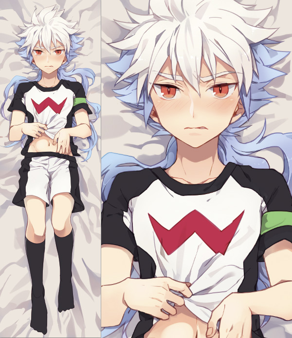 2boys, armband, bad_id, bad_pixiv_id, blue_hair, blush, clothes_lift, dakimakura_(medium)