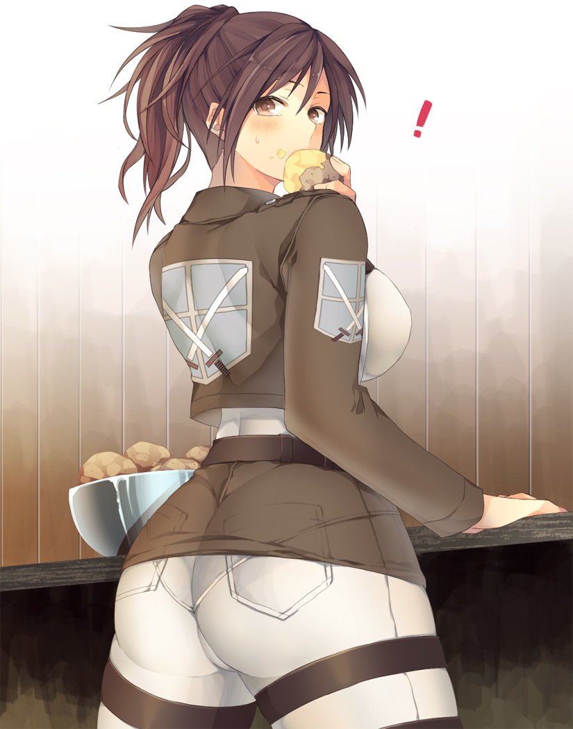 !, 1girl, ass, bad_id, bad_pixiv_id, blush, bowl, breasts, brown_eyes, brown_hair, eating, female_focus, food, food_on_face, from_behind, huge_ass, impossible_clothes, insignia, jacket, large_breasts, looking_at_viewer, looking_back, monnyannyan, pantylines, pocket, ponytail, potato, sasha_blouse, shingeki_no_kyojin, skin_tight, solo, sweat, thigh_strap