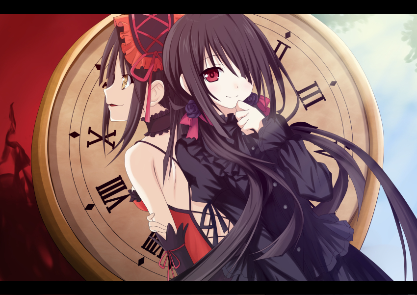 10s, 1girl, absurdres, back-to-back, bare_shoulders, black_dress, black_hair, clock