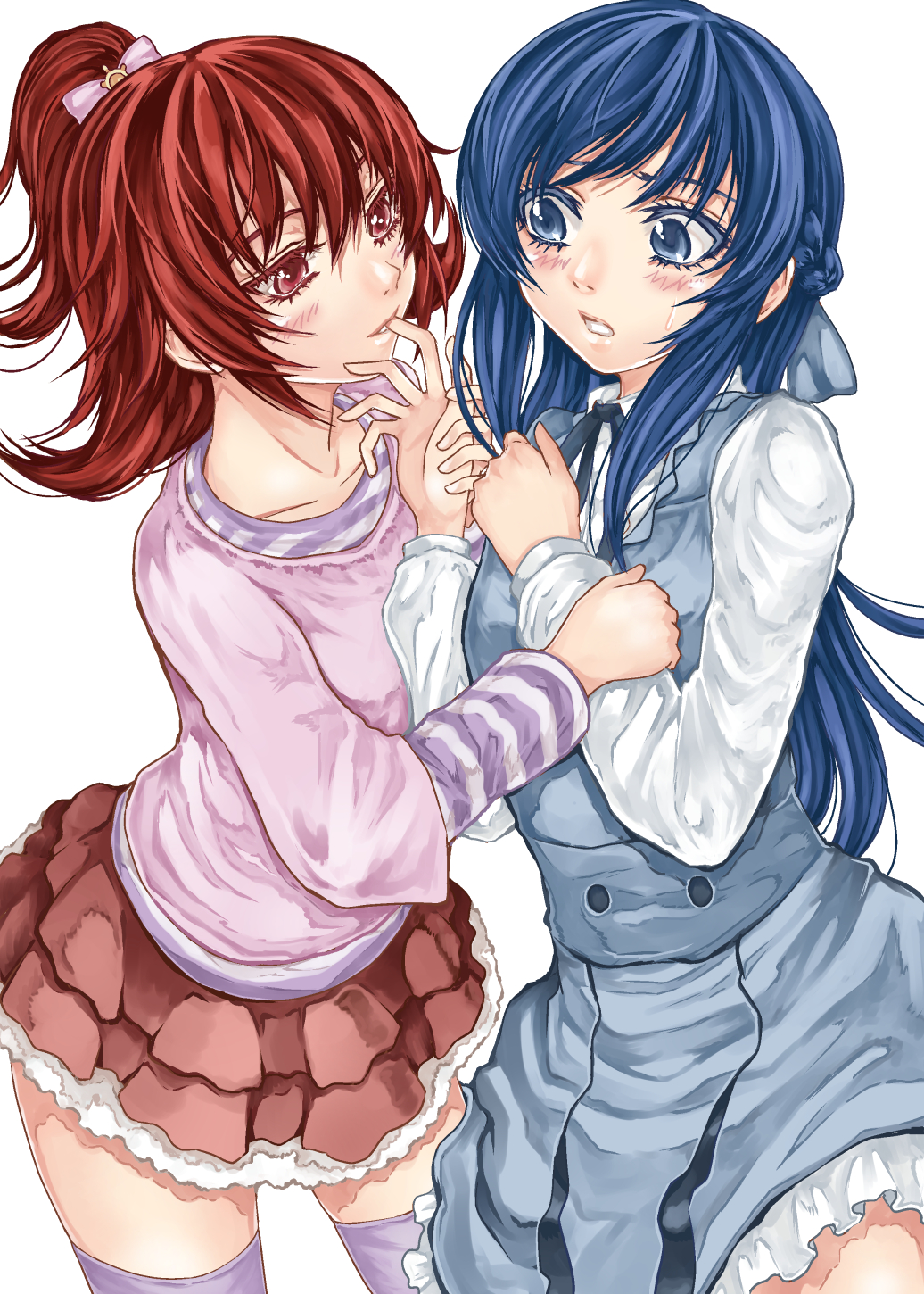 2girls, aida_mana, blouse, blue_eyes, blue_hair, blush, dokidoki!_precure, dress