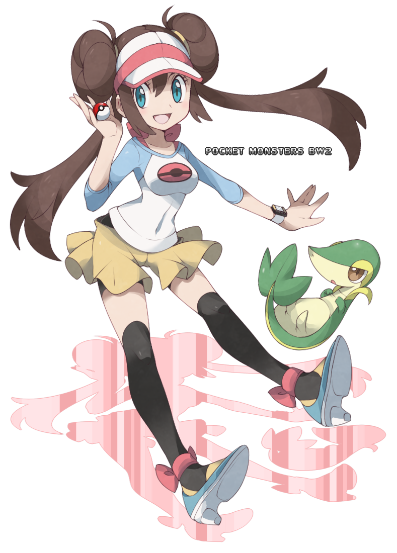 10s, alternate_costume, blue_eyes, brown_eyes, brown_hair, double_bun, gen_5_pokemon, geru, green_eyes, hair_bun, nintendo, poke_ball, pokemon, pokemon_(creature), pokemon_black_2_and_white_2, ribbon, rosa_(pokemon), shadow, smile, snivy, thighhighs, visor, white_background