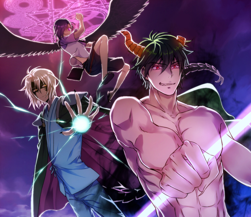 3boys, alciel, alciel_(hataraku_maou-sama!), ashiya_shirou, black_hair, cape, grin, hataraku_maou-sama!