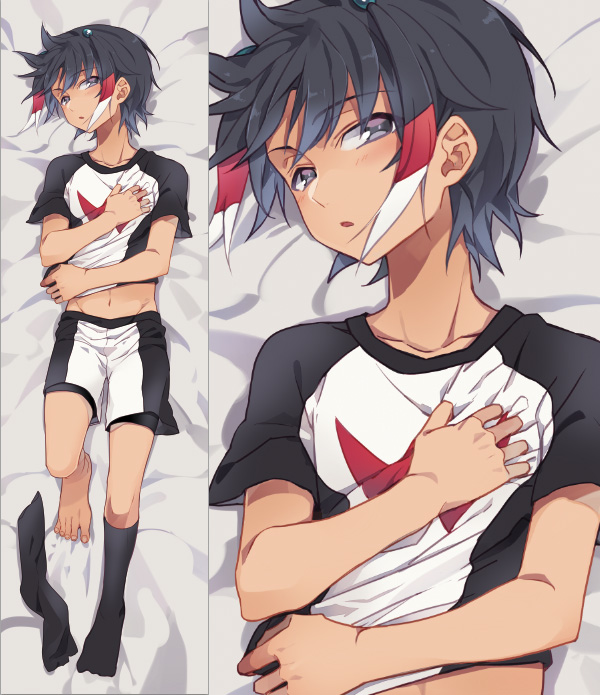 1boy, bad_id, bad_pixiv_id, blush, dakimakura_(medium), hair_ornament, inazuma_eleven_(series), inazuma_eleven_go, jaenbba, lying, male_focus, multiple_views, navel, no_shoes, on_back, open_mouth, short_hair, shorts, shuu_(inazuma_eleven), single_sock, soccer_uniform, socks, sportswear, zero_(inazuma_eleven)
