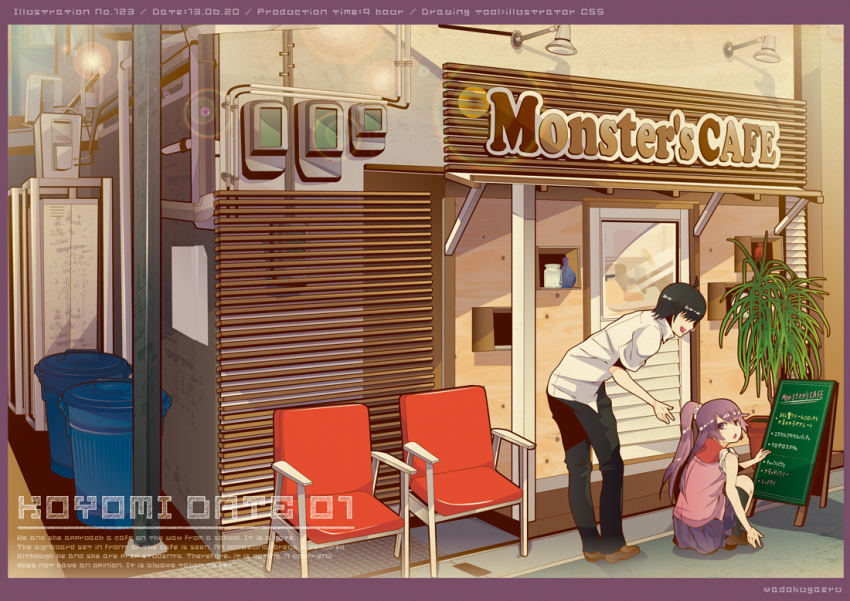 1boy, 1girl, air_conditioner, araragi_koyomi, bad_id, bad_pixiv_id, bakemonogatari, black_hair