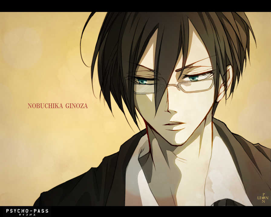 10s, 1boy, black_hair, ginoza_nobuchika, glasses, green_eyes, leopon, letterboxed