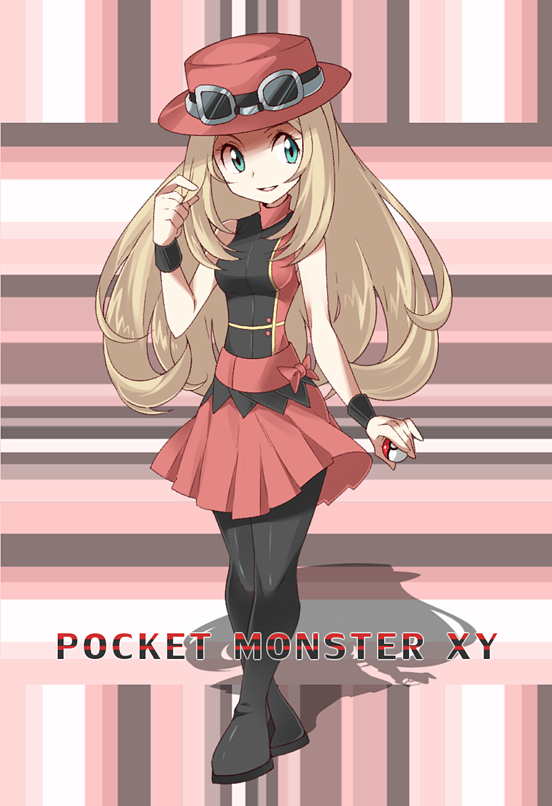10s, 1girl, alternate_costume, armpits, belt, black_boots, black_jacket, blonde_hair, boots, bracelet, breasts, buttons, copyright_name, female_focus, geru, goggles, green_eyes, hat, jacket, jewelry, long_hair, nintendo, pink_background, poke_ball, pokemon, pokemon_x_and_y, red_belt, red_jacket, red_skirt, ribbon, serena_(pokemon), shadow, shirt, shy, skirt, smile, solo, standing, text_focus, thighhighs, tight_clothes, tight_shirt, wristband
