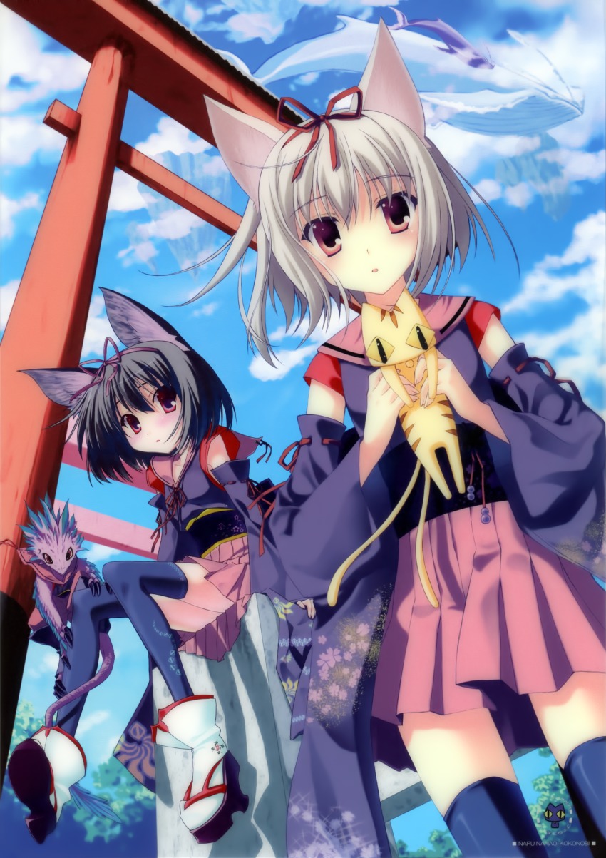 2girls, absurdres, animal, animal_ears, arch, blue_sky, blue_thighhighs, cloud, day, detached_sleeves, dragon, flying_whale, fox_ears, geta, grey_hair, highres, ice_&amp;_choco, japanese_clothes, legs, looking_at_viewer, multiple_girls, nanao_naru, original, outdoors, pleated_skirt, purple_eyes, purple_hair, sandals, short_hair, skirt, sky, socks, standing, tabi, thighhighs, torii, whale, white_legwear, zettai_ryouiki