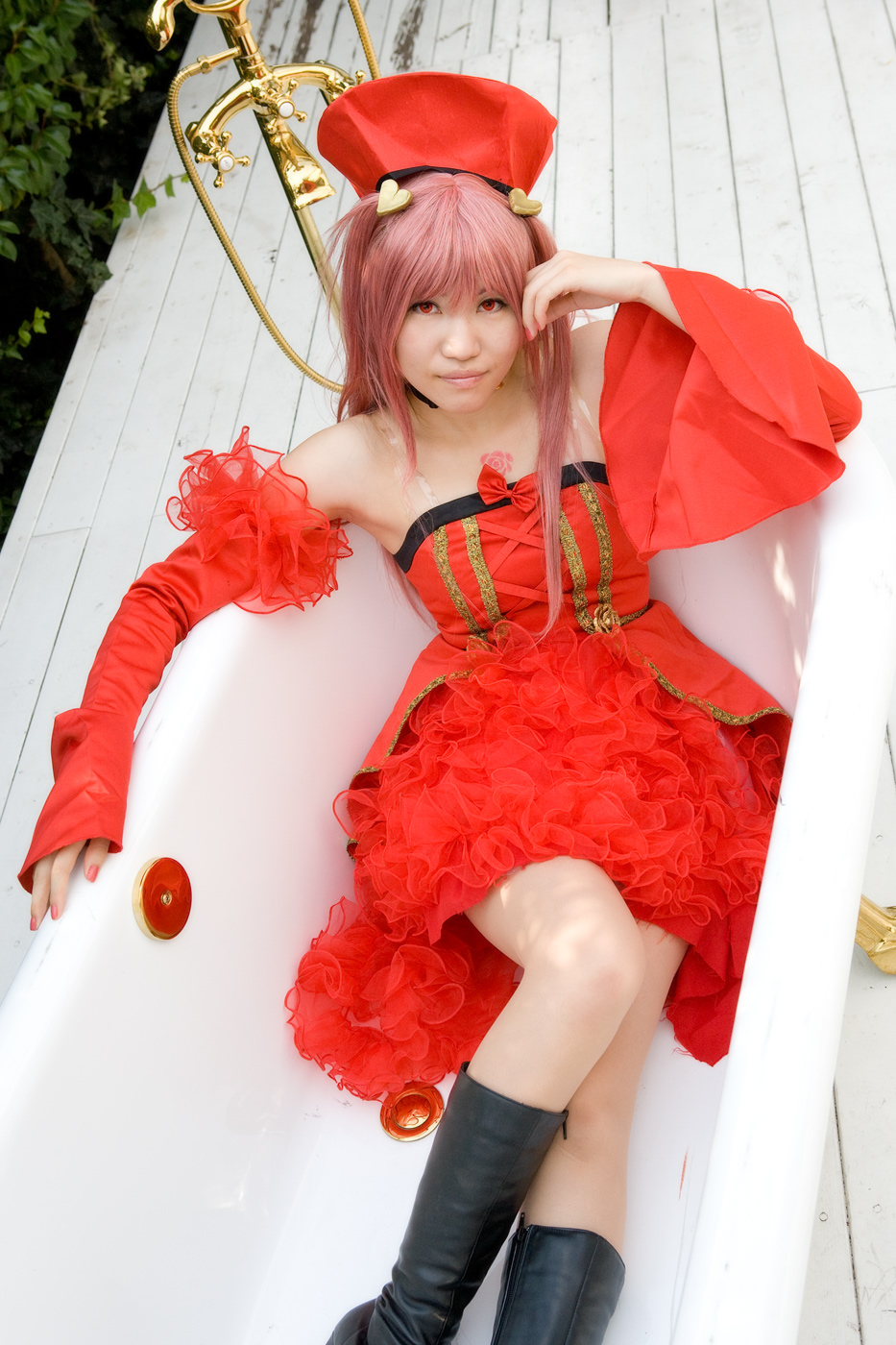 another_blood, boots, cosplay, cuffs, demonbane, dress, frills, highres, lace, photo_(medium), pink_hair, rou_(cosplayer)