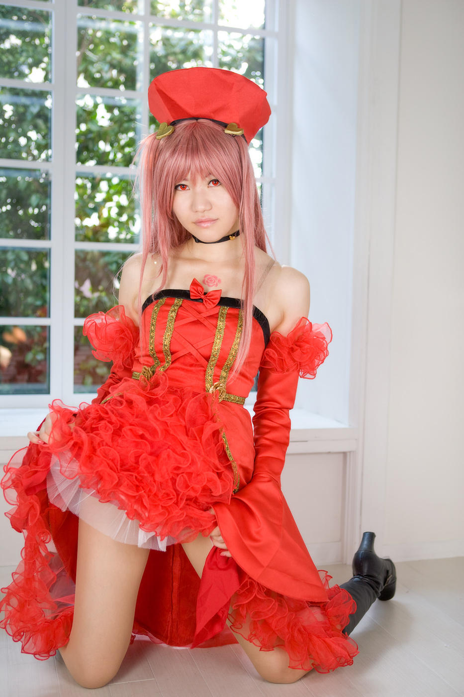 another_blood, boots, cosplay, cuffs, demonbane, dress, frills, highres