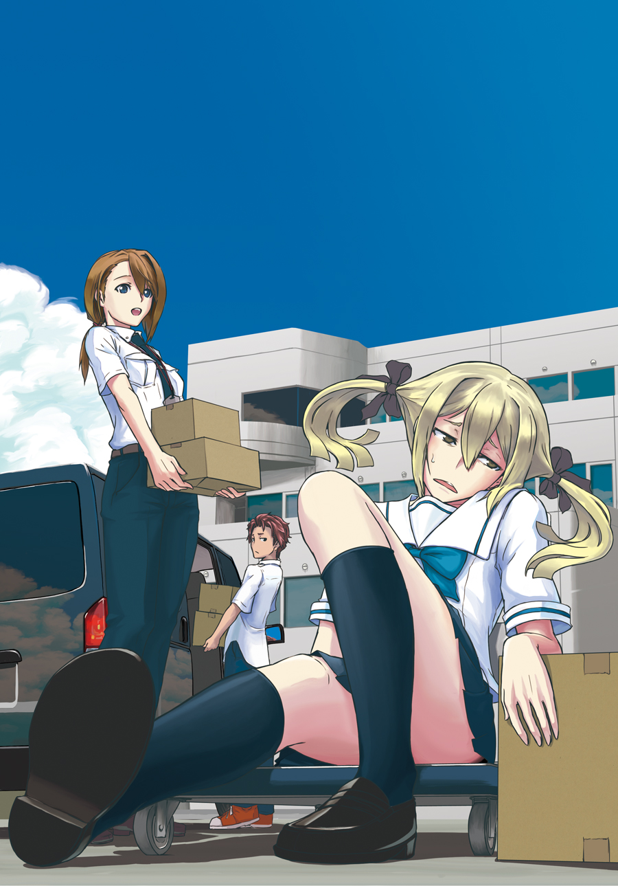 10s, 2girls, blonde_hair, box, brown_hair, building, cloud, day