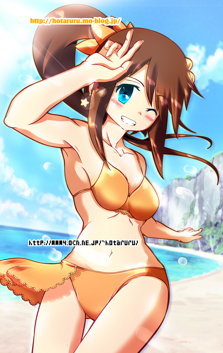 1girl, beach, bikini, blue_eyes, brown_hair, day, female_focus, hotaruru