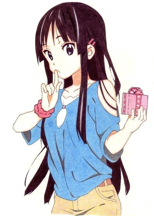 1girl, akiyama_mio, black_eyes, black_hair, blouse, blue_shirt, blush, female_focus