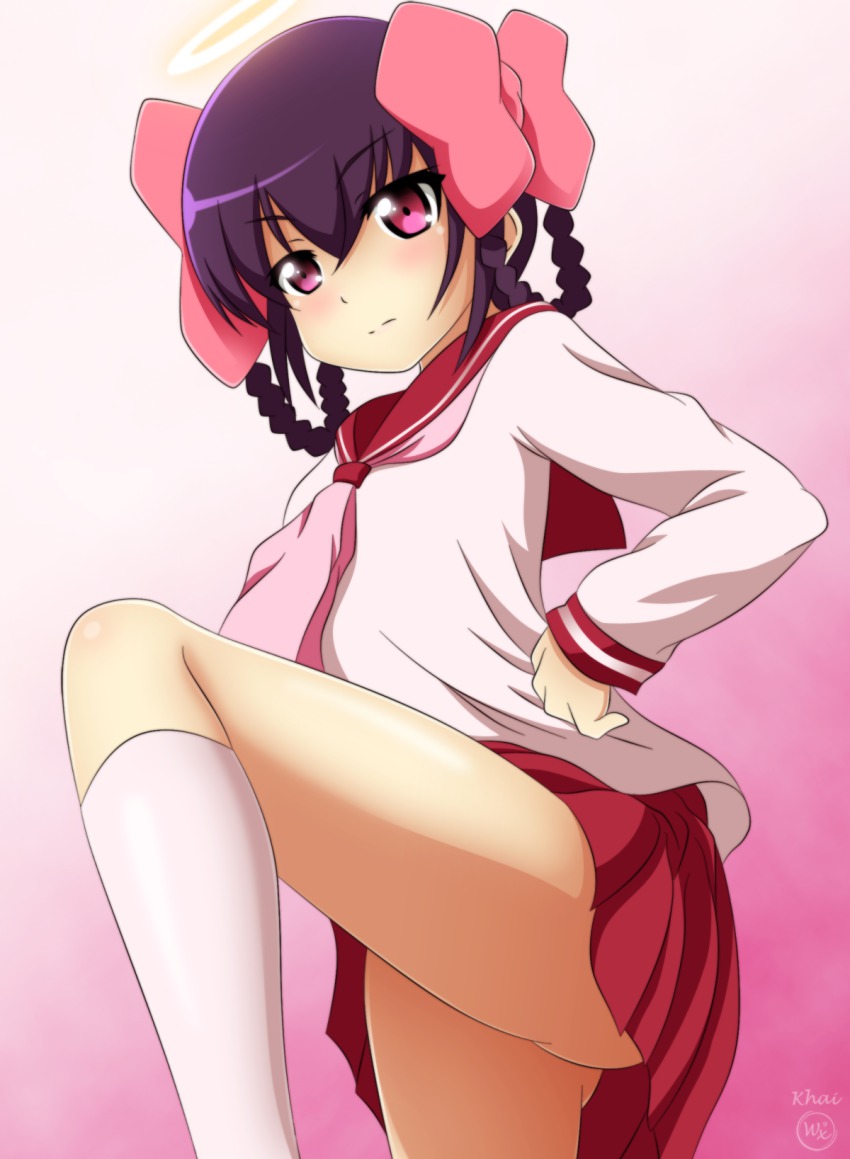 1girl, ayukawa_tenri, black_hair, bow, braid, diana_(kaminomi), dual_persona, gradient_background