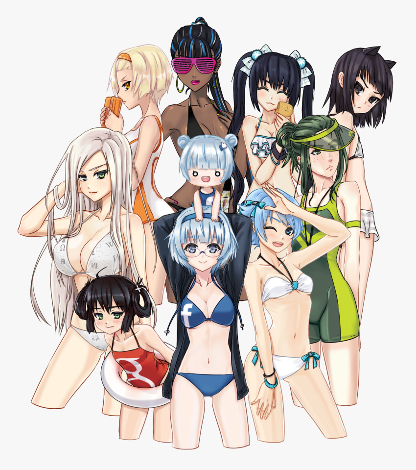 6+girls, :d, ^_^, animal_ears, bikini, bingsang, black_eyes, black_hair, blonde_hair, blue_eyes, blue_hair, breasts, cat_ears, chibi, cleavage, closed_eyes, cropped_legs, dark-skinned_female, dark_skin, dek-d, deviantart, double_bun, earrings, exteen, facebook, flat_chest, freckles, glasses, google, google+, google_plus, green_eyes, green_hair, hair_bun, hair_ribbon, hairband, heterochromia, highres, innertube, jewelry, large_breasts, long_hair, multiple_girls, navel, neko_post, o_o, one-piece_swimsuit, one_eye_closed, open_mouth, orange_eyes, personification, plug.dj, ribbon, short_hair, small_breasts, smile, sunglasses, swim_ring, swimsuit, thumbs_up, twintails, twitter, very_long_hair, visor, visor_cap, white_background, white_hair, wikipedia, wink, yellow_eyes