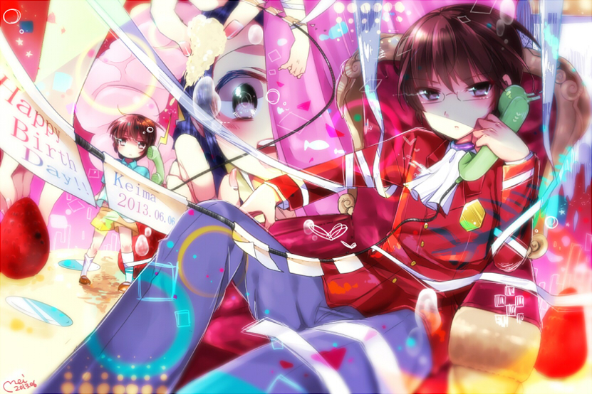 1boy, 1girl, ascot, badge, banner, black_hair, brown_eyes, brown_hair