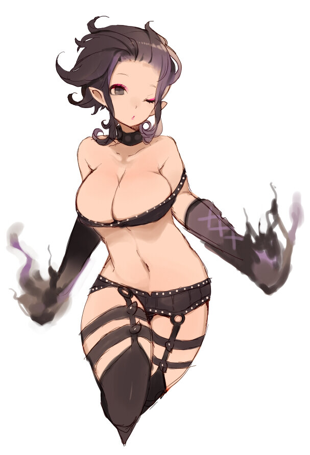 1girl, alternate_color, alternate_costume, bare_shoulders, black_eyes, black_hair, black_thighhighs, breasts, choker, cleavage, evelynn_(league_of_legends), evelynn_(old), female_focus, k_(li), large_breasts, league_of_legends, navel, one_eye_closed, short_hair, simple_background, solo, thighhighs, twintails, white_background, wide_hips, wink