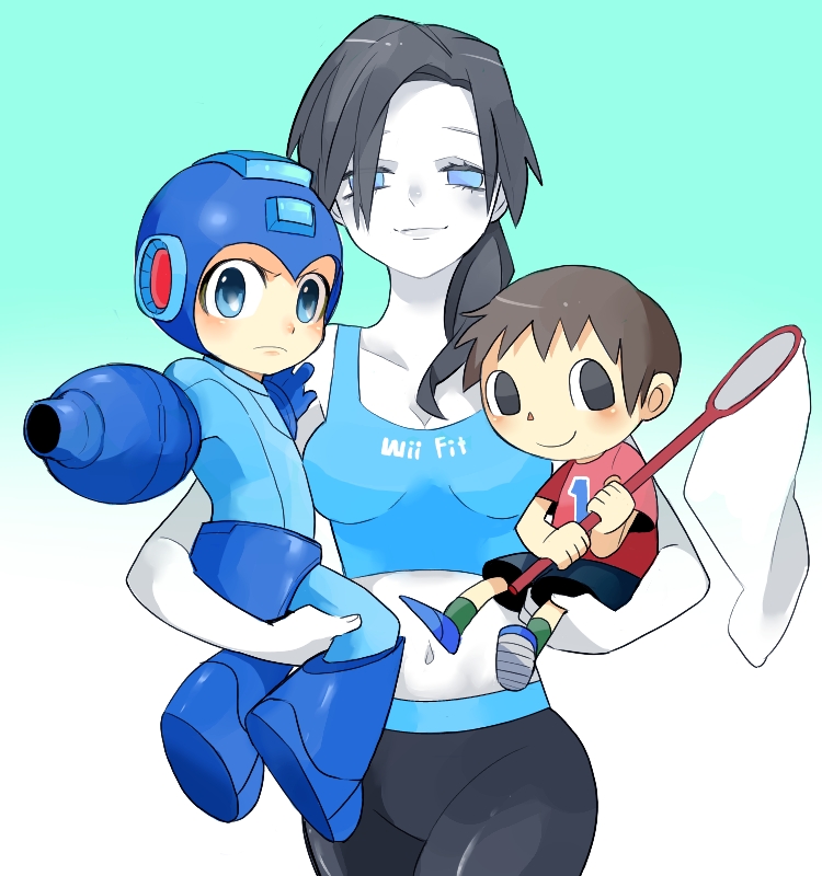 1girl, 2boys, animal_crossing, arm_cannon, ban_(ban62460424), black_hair, blue_eyes, capcom, carrying, clothes_writing, colored_skin, grey_eyes, hand_net, helmet, long_hair, mega_man_(character), mega_man_(classic), mega_man_(series), midriff, multiple_boys, net, nintendo, ponytail, super_smash_bros., tank_top, villager_(animal_crossing), weapon, white_skin, wii_fit, wii_fit_trainer_(female)