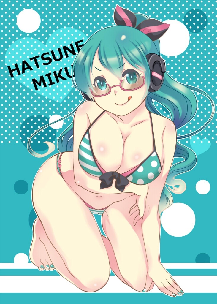 1girl, :q, alternate_hairstyle, bad_id, bad_pixiv_id, bikini, breasts, cleavage, female_focus, glasses, green_eyes, green_hair, hatsune_miku, headphones, headset, large_breasts, long_hair, matching_hair/eyes, nobeko, ponytail, solo, sunglasses, swimsuit, tongue, tongue_out, vocaloid