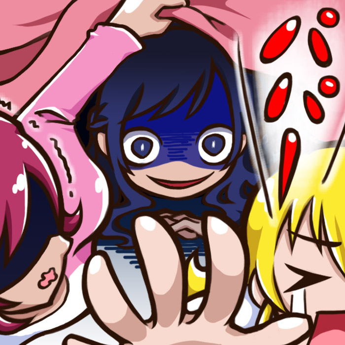 >_<, 3girls, aida_mana, blonde_hair, blue_eyes, blue_hair, dokidoki!_precure, evil_smile