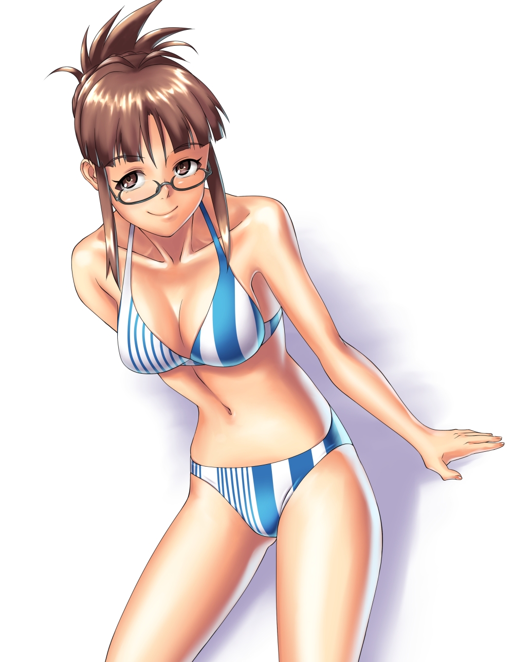 1girl, akizuki_ritsuko, bikini, blush, breasts, brown_eyes, brown_hair, cleavage, female_focus, folded_ponytail, glasses, highres, idolmaster, idolmaster_(classic), kaimu_(pixiv), kaimuu_(fahrenheit724), large_breasts, navel, short_hair, smile, solo, swimsuit