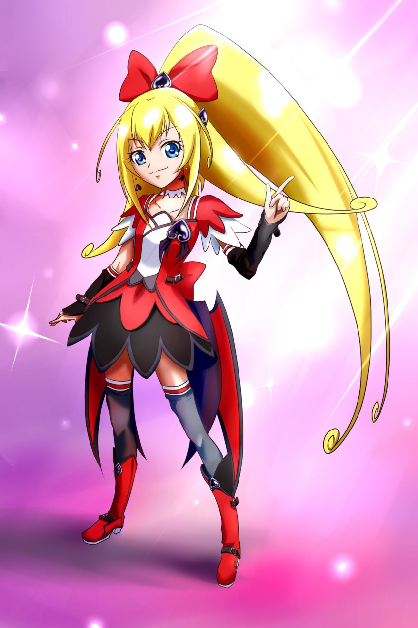 1girl, alternate_costume, alternate_hairstyle, alternate_universe, arm_warmers, belt, blonde_hair, blue_eyes