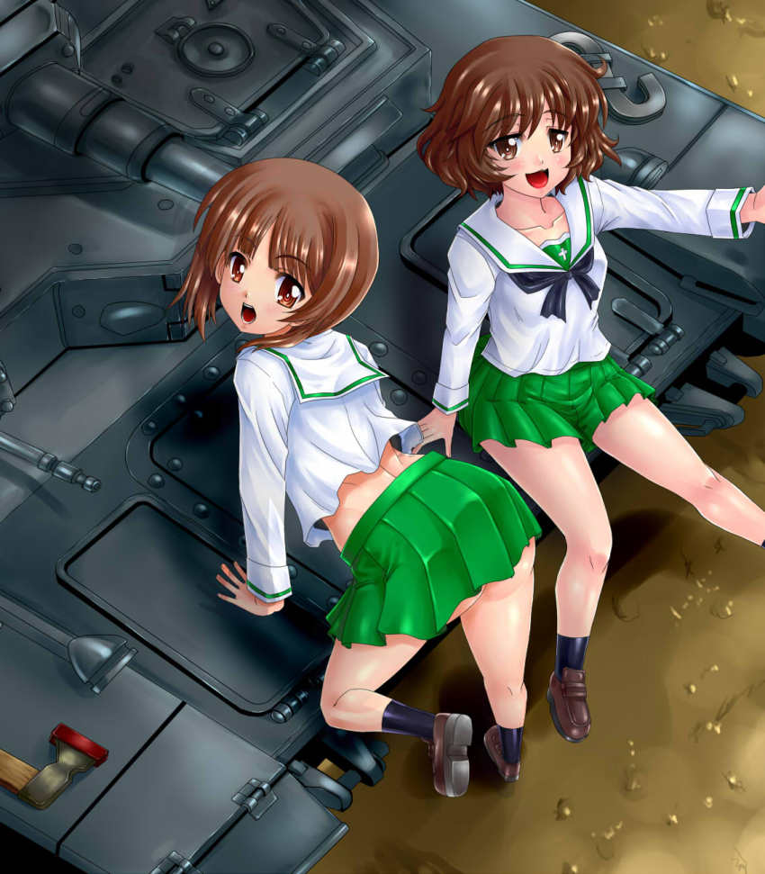 10s, 2girls, akiyama_yukari, arm_rest, ass, bent_over, black_legwear, brown_eyes