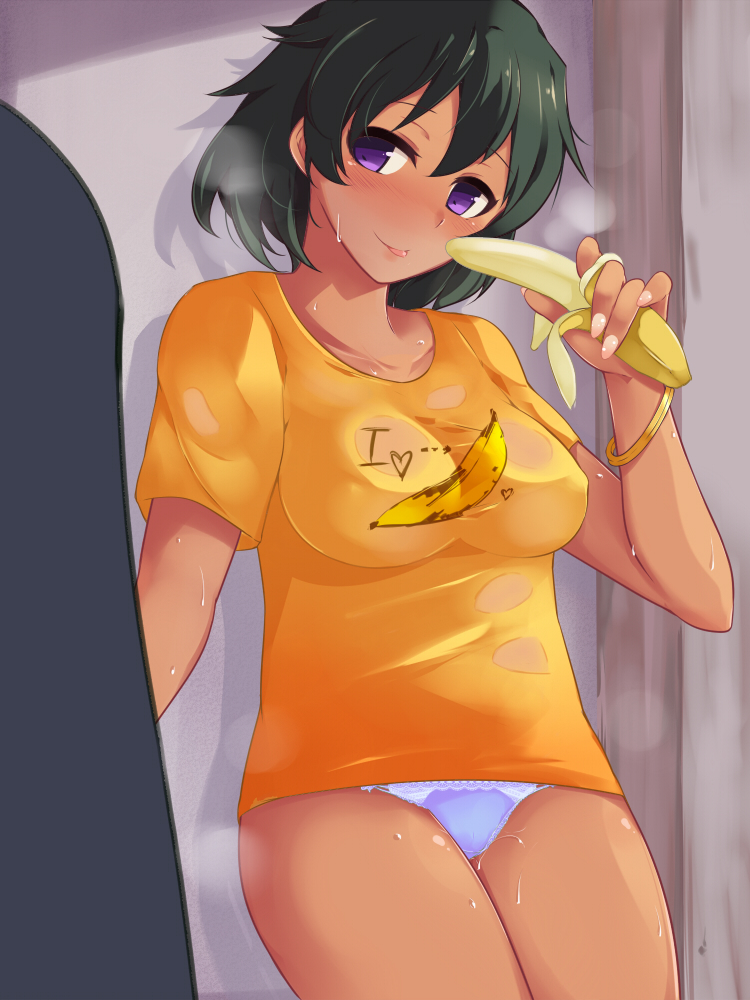 10s, 1girl, bad_id, bad_pixiv_id, banana, blush, collarbone, dark-skinned_female, dark_skin, female_focus, food, fruit, green_hair, idolmaster, idolmaster_cinderella_girls, imacchi, natalia_(idolmaster), panties, purple_eyes, short_hair, short_sleeves, smile, solo, sweat, tongue, underwear, white_panties