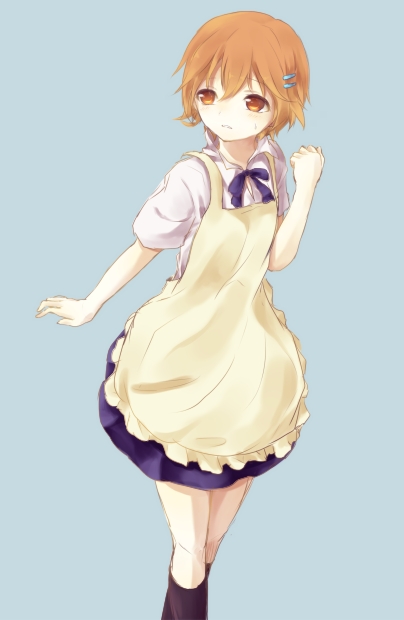 1girl, apron, bad_id, bad_pixiv_id, brown_eyes, brown_hair, female_focus, inami_mahiru, sanatsu_(humoh), short_hair, solo, waitress, working!!