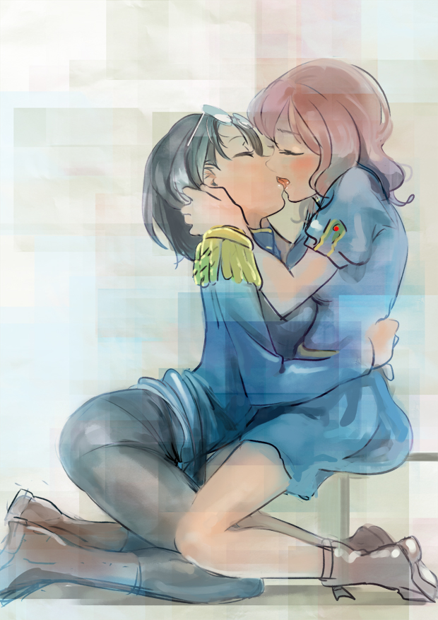 10s, 2girls, araki_hina, black_hair, boots, brown_hair, clothes_lift, distortion, dress, dress_lift, epaulettes, eyewear_on_head, glasses, hug, idolmaster, idolmaster_cinderella_girls, kamijo_haruna, kiss, kneeling, luncheon_meat_umai, multiple_girls, panties, panties_under_pantyhose, pantyhose, short_hair, tongue, underwear, yuri