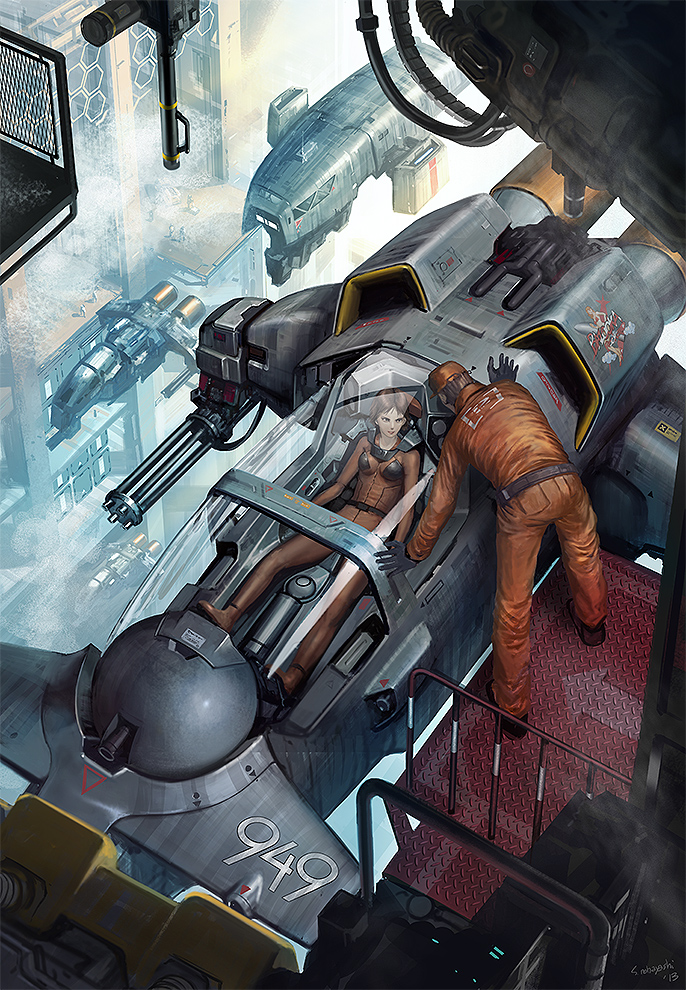 1boy, 1girl, aircraft, airplane, bodysuit, brown_hair, canopy, city