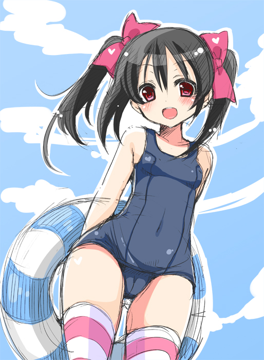 10s, 1girl, black_hair, cameltoe, female_focus, innertube, long_hair, love_live!