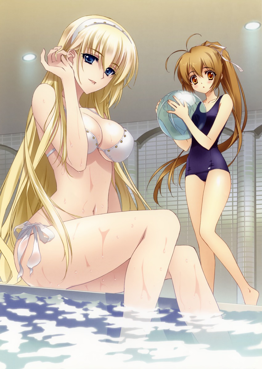 2girls, absurdres, ball, beachball, bikini, blonde_hair, blue_eyes, breasts