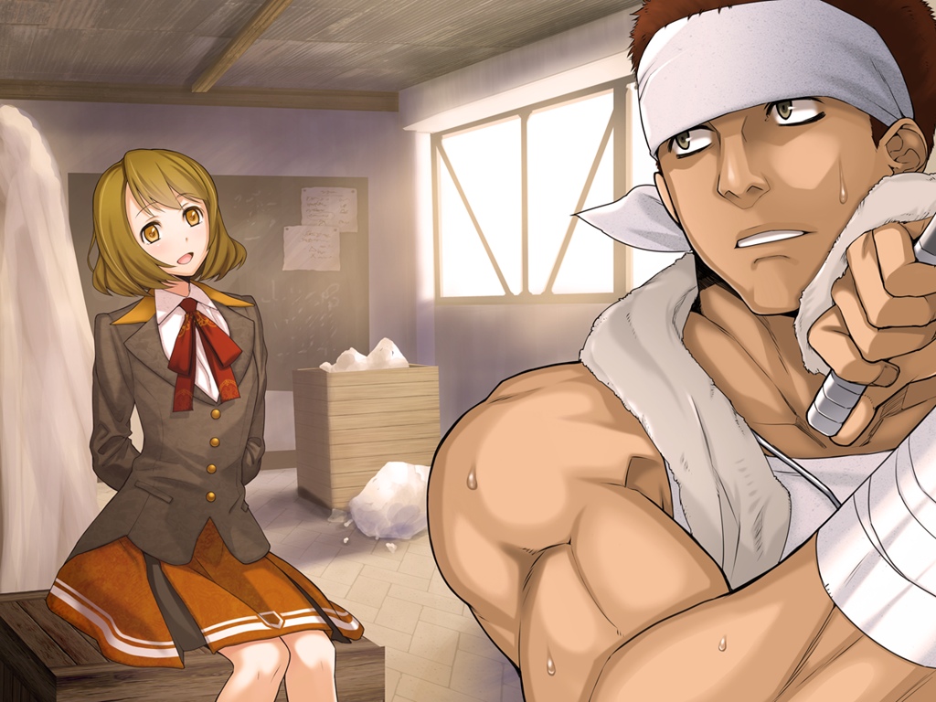 1boy, 1girl, brown_hair, game_cg, liarsoft, milly_miriam, ourai_no_gahkthun, short_hair