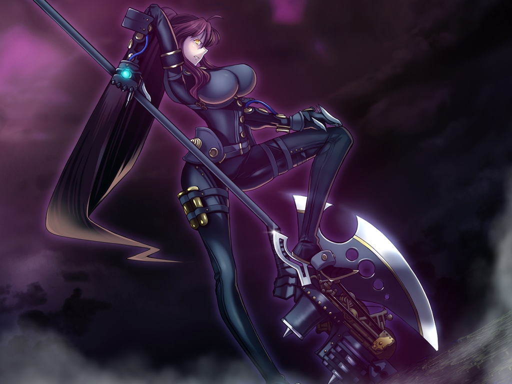 1girl, axe, brown_hair, game_cg, josephine_march_(ourai_no_gahkthun), liarsoft, long_hair, ourai_no_gahkthun, steampunk_(liarsoft), weapon