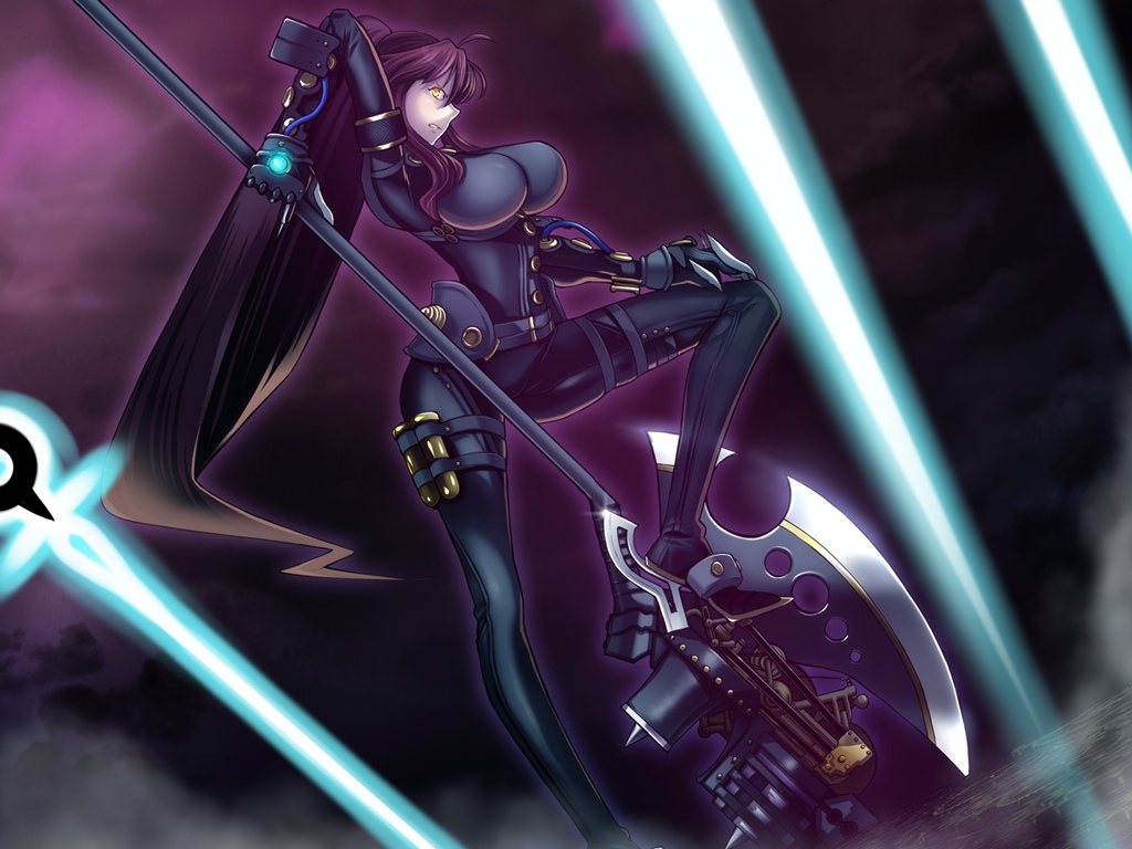 1girl, axe, brown_hair, game_cg, josephine_march_(ourai_no_gahkthun), liarsoft, long_hair, ourai_no_gahkthun