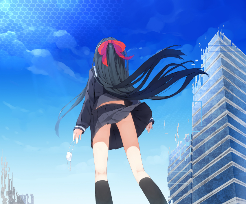 1girl, black_hair, bow, building, day, digital_dissolve, eyepatch, female_focus, from_behind, from_below, hair_ornament, hair_ribbon, hexagon, highres, long_hair, looking_up, mirai_sekai_no_planeta, nayuta, nayuta_(mirai_sekai_no_planeta), ribbon, school_uniform, serafuku, skirt, sky, socks, solo, uttt