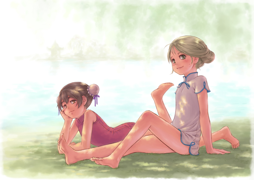2girls, bad_id, bad_pixiv_id, barefoot, blonde_hair, brown_eyes, brown_hair, chinese_clothes