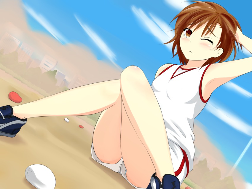 1girl, bad_id, bad_pixiv_id, blouse, blue_panties, blue_shoes, brown_eyes, brown_hair, female_focus, gym_shorts, gym_uniform, leaf1031, misaka_mikoto, panties, shirt, shoes, short_hair, shorts, sitting, sneakers, solo, thighs, toaru_kagaku_no_railgun, toaru_majutsu_no_index, underwear, upshorts, white_shirt