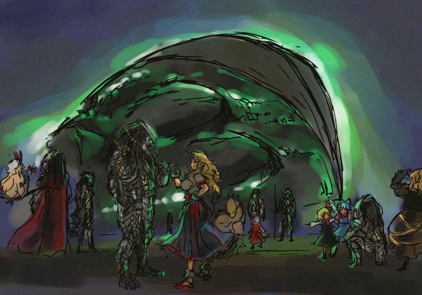 6+girls, armor, black_dress, blonde_hair, blue_dress, blue_hair, cape, celtic_(predator)