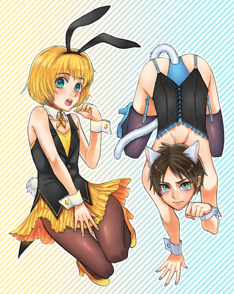2boys, animal_ears, armin_arlert, blonde_hair, bow, bowtie, cat_ears, crossdressing, crossdressing_(mtf), eren_yeager, garter_straps, gurio, kittysuit, male_playboy_bunny, multiple_boys, nail_polish, nontraditional_playboy_bunny, pantyhose, playboy_bunny, shingeki_no_kyojin, short_hair, trap, usamin, wrist_cuffs