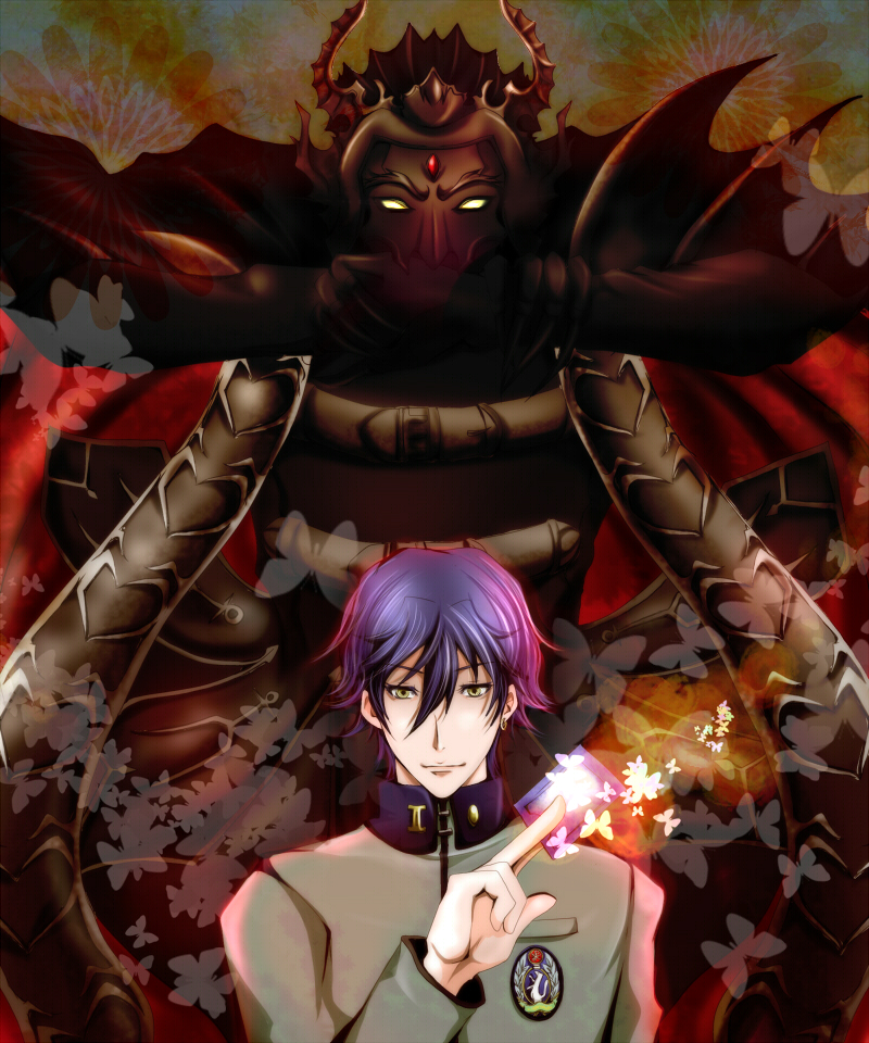 1boy, atlus, black_hair, bug, butterfly, card, earrings, jewelry