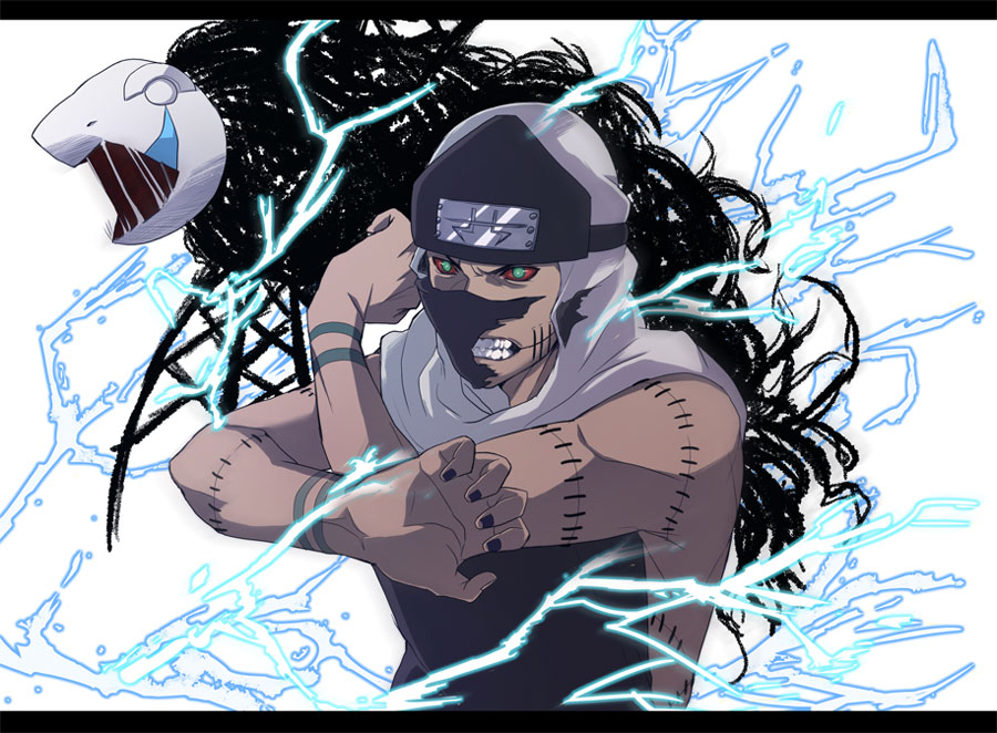 1boy, blue_eyes, broken_mask, colored_sclera, dark-skinned_male, dark_skin, electricity, electrokinesis, forehead_protector, headband, kakuzu_(naruto), letterboxed, male_focus, mask, nanasi69, naruto_(series), naruto_shippuuden, red_sclera, solo, tattoo