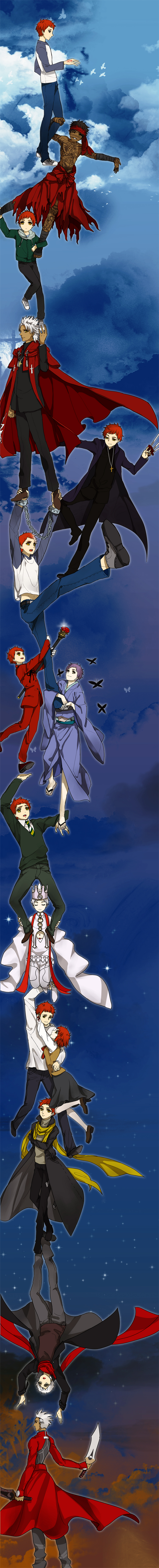 10s, 1girl, 6+boys, absurdres, aged_down, aged_up, amakusa_shirou_(fate), amakusa_shirou_(fate)_(fanfic), angra_mainyu_(fate), archer_(fate), bad_id, bad_pixiv_id, bug, cane, cosplay, crest_worm, dress_of_heaven, durarara!!, emiya_shirou, fate/apocrypha, fate/extra, fate/hollow_ataraxia, fate/kaleid_liner_prisma_illya, fate/stay_night, fate/zero, fate_(series), formal_clothes, gem, genderswap, genderswap_(mtf), highres, homurabara_academy_school_uniform, illyasviel_von_einzbern, illyasviel_von_einzbern_(cosplay), japanese_clothes, kimono, long_image, matou_kariya, matou_kariya_(cosplay), migillu, multiple_boys, multiple_persona, parody, purple_hair, red_scarf, scarf, school_uniform, staff, suit, tall_image, tohsaka_tokiomi, toosaka_tokiomi_(cosplay), trust_me_(durarara!!), waver_velvet, waver_velvet_(cosplay), white_hair, yellow_scarf