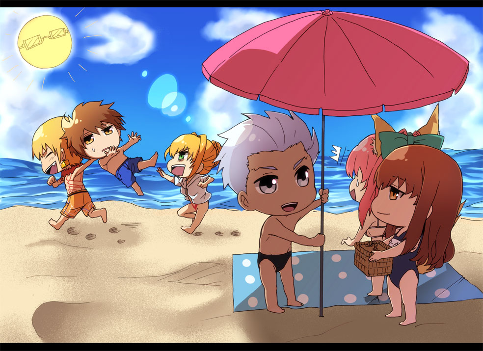 10s, 3boys, 3girls, archer_(black_swimmer)_(fate), archer_(fate), bad_id, bad_pixiv_id, beach