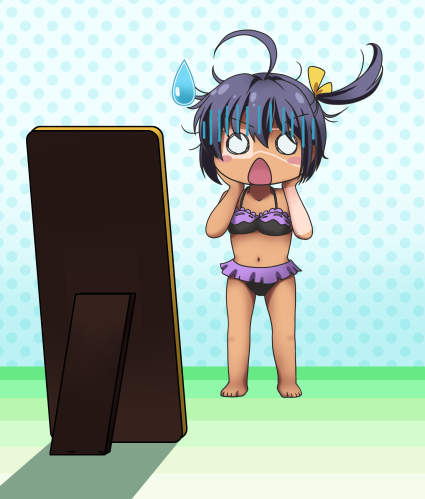 10s, 1girl, ahoge, bikini, black_hair, blush, blush_stickers, chuunibyou_demo_koi_ga_shitai!, female_focus, full_body, gadowiiru, hair_ribbon, highres, mirror, no_eyepatch, o_o, revealing_tanlines, ribbon, short_hair, side_ponytail, solo, standing, sweatdrop, swimsuit, takanashi_rikka, tan, tan_tattoo, tanline, tanlines, tattoo
