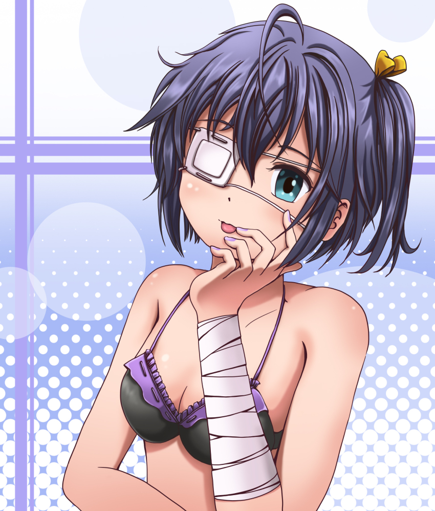 10s, 1girl, :p, ahoge, aqua_eyes, asymmetrical_hair, bandages, bikini, black_bikini, black_hair, blush, breasts, chuunibyou_demo_koi_ga_shitai!, cleavage, eyepatch, female_focus, fingernail_polish, frilled_bikini, frills, gadowiiru, green_eyes, hair_between_eyes, hair_ribbon, halftone, halftone_background, head_rest, highres, light_particles, looking_at_viewer, nail_polish, open_mouth, ribbon, short_hair, side_ponytail, small_breasts, smile, solo, swimsuit, takanashi_rikka, tongue, tongue_out, upper_body