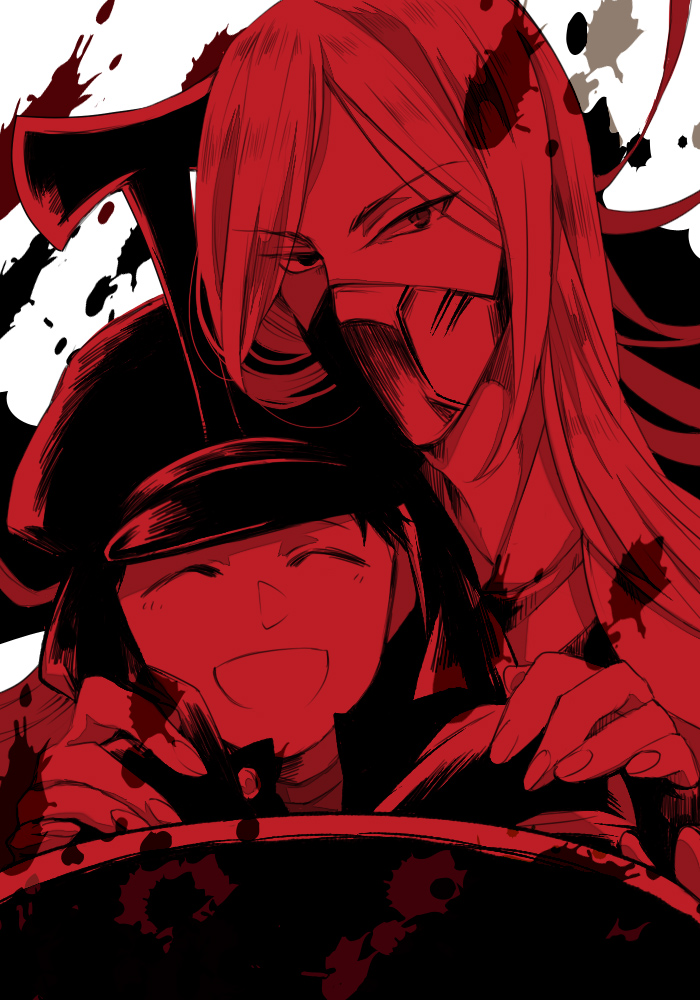 2boys, akechi_mitsuhide_(sengoku_basara), bad_id, bad_pixiv_id, fate/zero, fate_(series), helmet, kobayakawa_hideaki