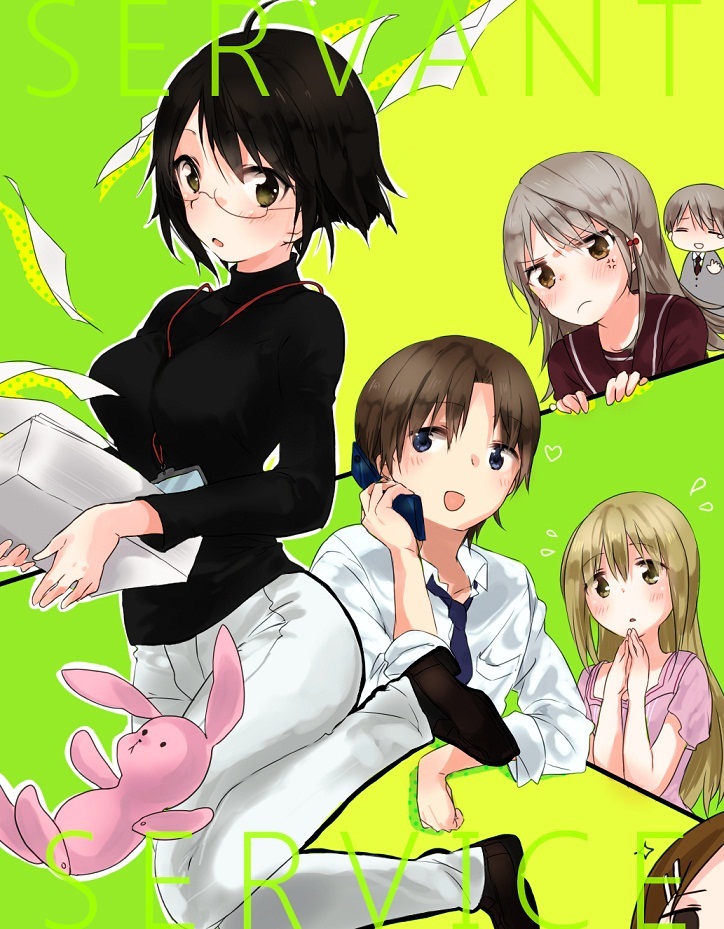 10s, 2boys, 4girls, aguri_(aaa_guwo), ahoge, black_hair, blonde_hair, breasts