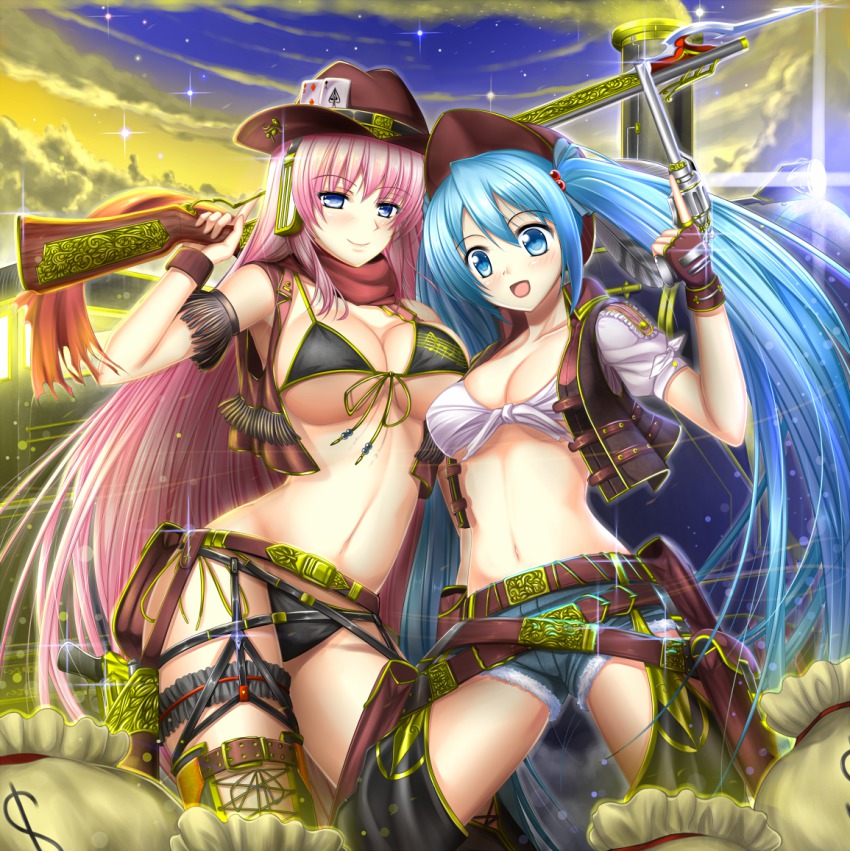 2girls, bad_id, bad_nicoseiga_id, belt, bikini, blue_eyes, blue_hair, breasts
