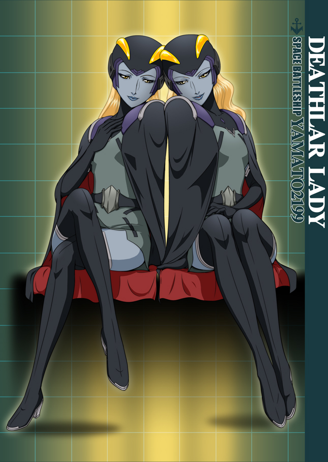 10s, 2girls, black_legwear, blonde_hair, blue_skin, boots, cape, colored_skin